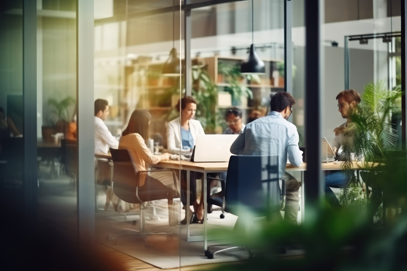 Blurred office interior space background with people working and