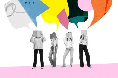 Group,Of,Teenagers,Reading,Books,While,Colorful,Speech,Bubbles,Float